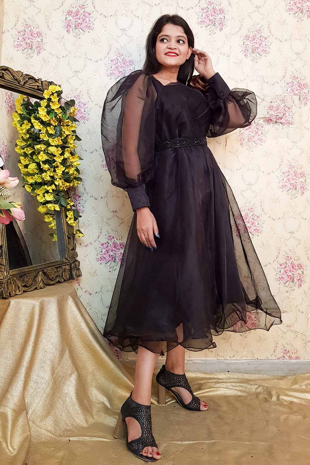 Buy Black Organza Silk Casual Wear Printed Work Gown With Dupatta Online  From Wholesale Salwar.