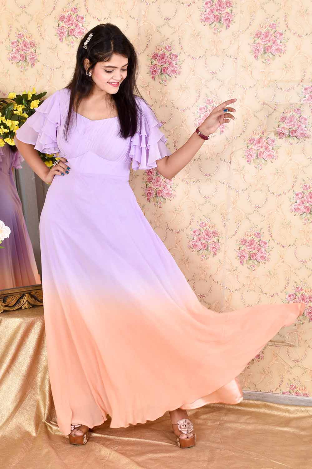 Lavender Peach Draped Ombre Gown