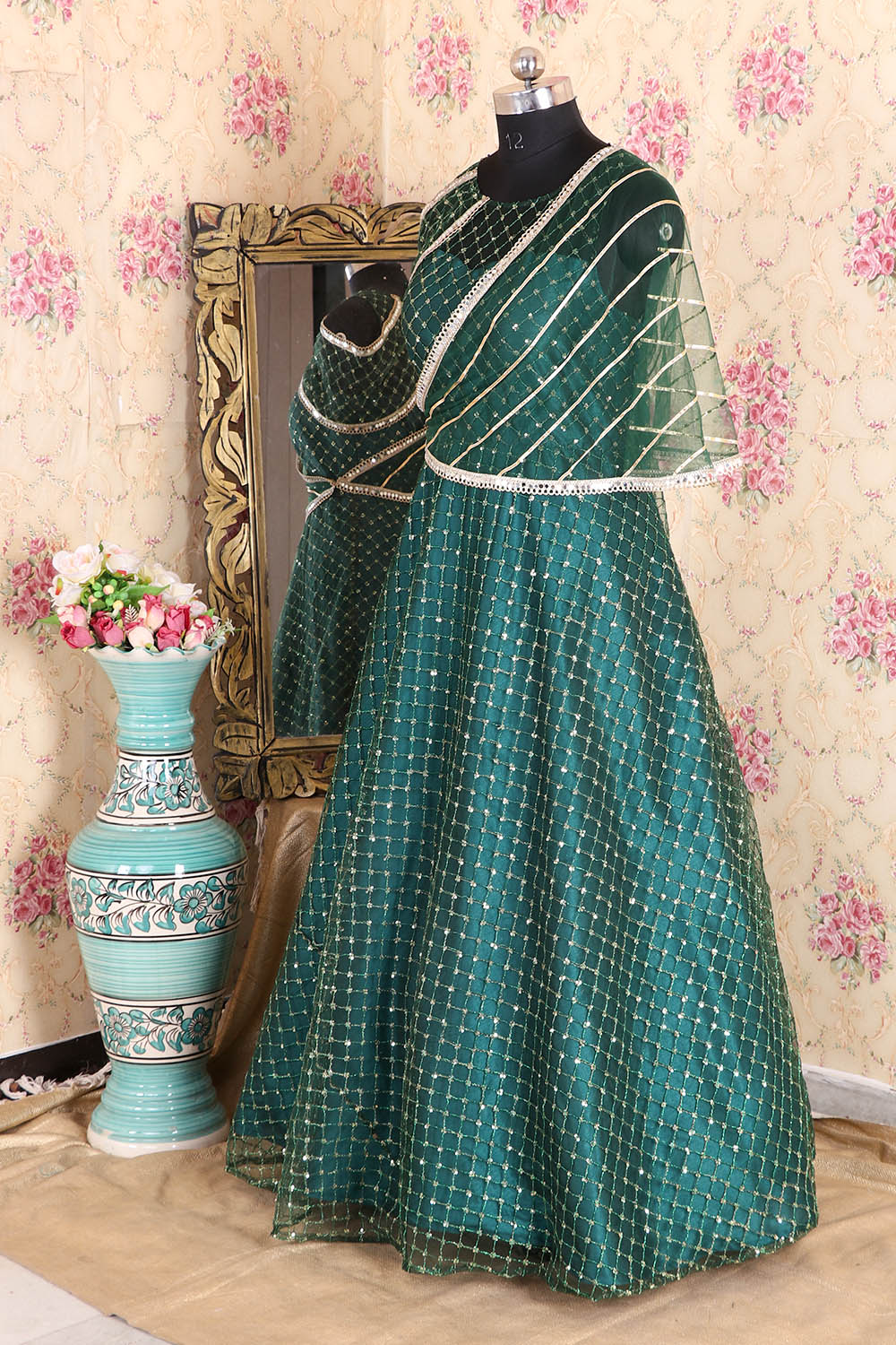 Emerald Green Gown In Net With Sequins Embellished Stripes And Attached  Drape Online - Kalki Fashion | Gown dress party wear, Indian party wear  gowns, Gown party wear