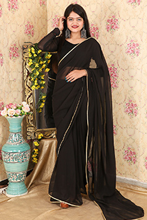 Black Georgette Ready To Wear Sari with Unstitched Blouse