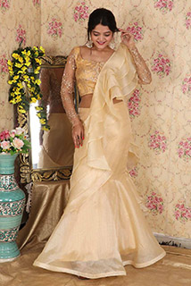 Golden Organza Mermaid Sari with stitched Blouse