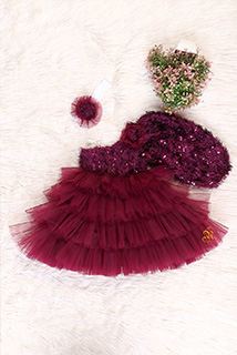 Wine Fur Sequins And Ruffled Net Frock