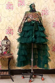 Bottle Green Sequins and Ruffled Net Dress
