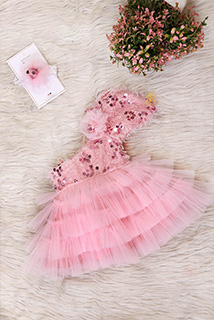 Baby Pink Fur Sequins And Ruffled Net Frock