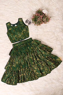 Bottle Green Brocade Skirt Top Set