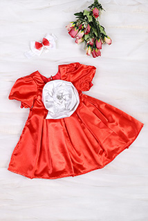 Red and White Satin Applique Work Dress