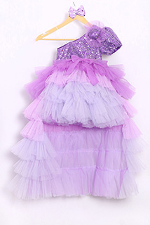Lavender Party Wear Ruffled dress with Ruffled Trail