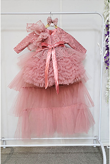 Dusty Pink Ruffled Dress with Ruffled Trail