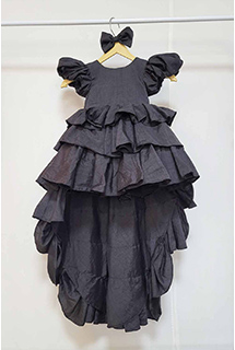 Black Raw Silk High Low Ruffled Dress