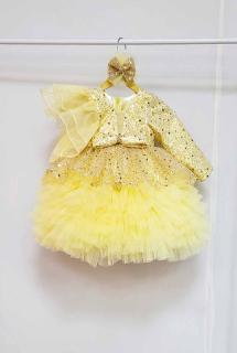 Lemon Yellow Ruffled Dress with Ruffled Trail