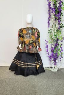 Black Embroidered Peplum Top and Skirt Set