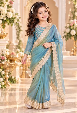 Teal Blue Draped Saree with Hand Embroidered Blouse