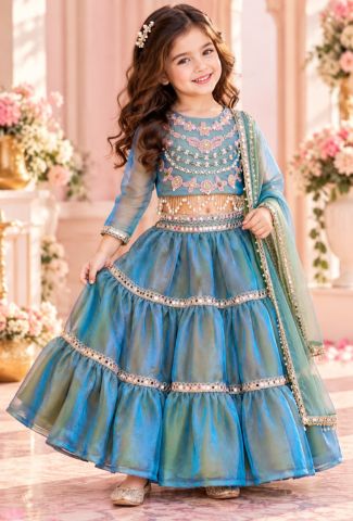 Teal Blue Flared Lehenga Set with Hand Embroidered Blouse