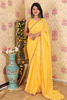 Mustard Georgette Ready To Wear Sari with Unstitched Blouse