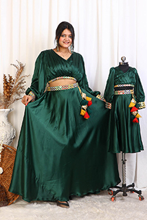 Mehendi Special Green Satin Top and Skirt Mom And Daughter Combo
