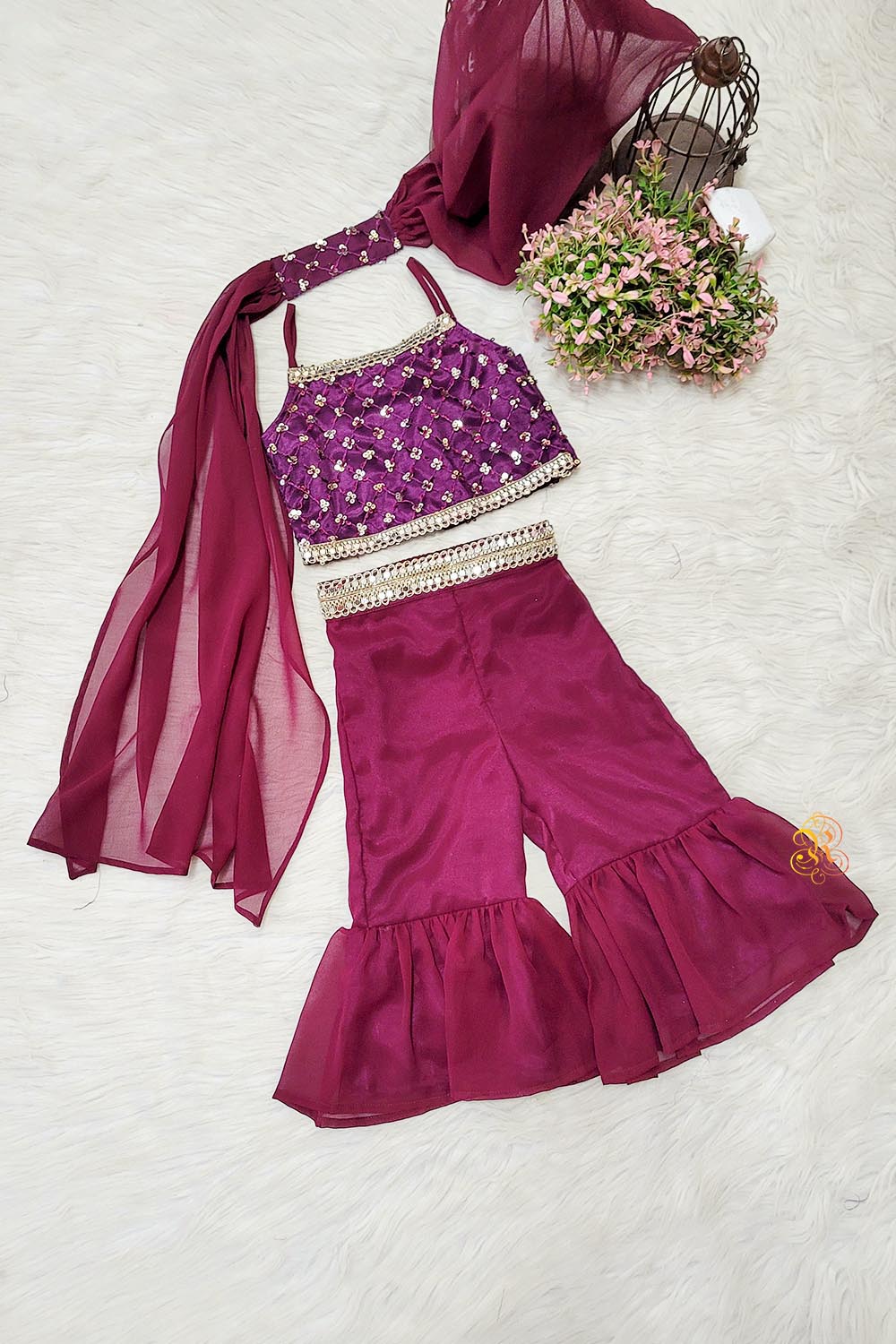 Wine Embroidered net & georgette kids crop top, Plazzo and dupatta set