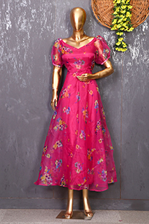 Magenta PinkFloral Printed Organza Gown