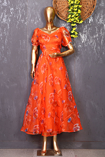 OrangeFloral Printed Organza Gown