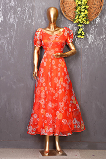 Orange Abstract Print Organza Gown