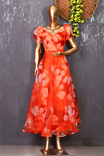 Bright Orange Floral Printed Organza Gown