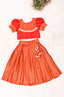 Red Brocade Kids Skirt Top Set