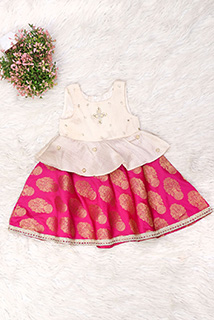 White And Pink Brocade Kids Frock
