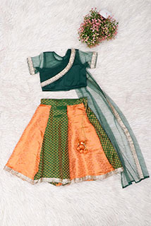 Green And Peach Kids Skirt Top Set