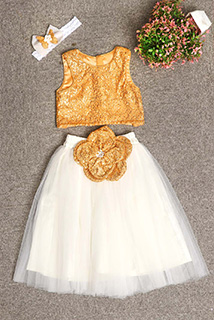Golden and White Kids Skirt Top Set