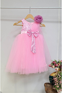 Pink Sequins and Net Kids Draped Gown