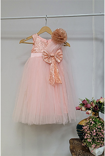Light Peach Sequins and Net Kids Draped Gown
