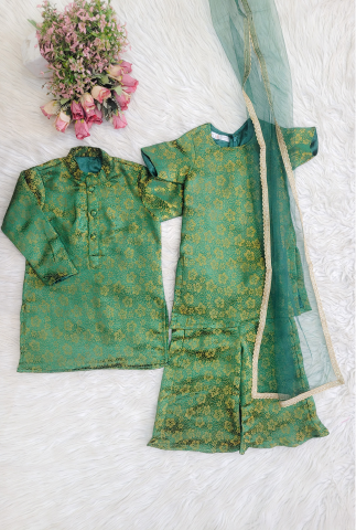 Bottle Green Brocade Brother Sister Combo