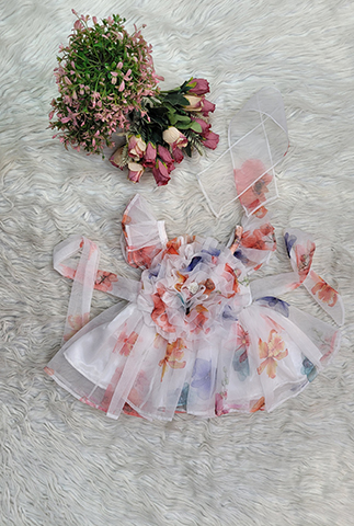 White Organza Printed Frock with Matching Ribbon