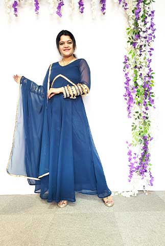 Teal Blue Designer Sleeves Anarkali with Dupatta