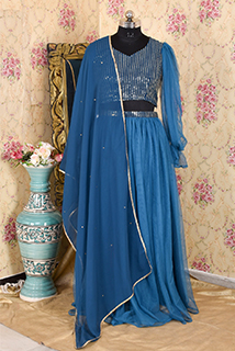 Teal blue sequins and net lehanga set