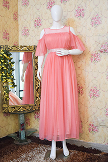 Bright Peach Net Cold Shoulder Sleeves Gown