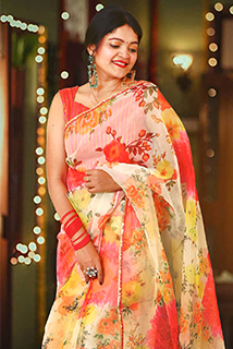 Off White Printed Organza Saree with Unstitched Blouse
