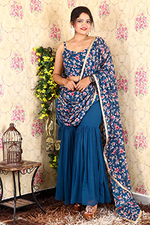 Floral printed blue indowestern saree
