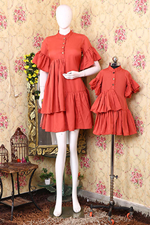 Red Crepe Mother Daughter Combo Short Dress