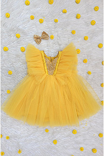 Yellow Net and Sequins Frock with Hairclip