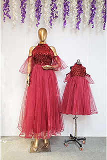 Maroon Party Gown Mother Daughter Combo