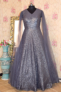 Grey Sequins Gown with Long Sleeves