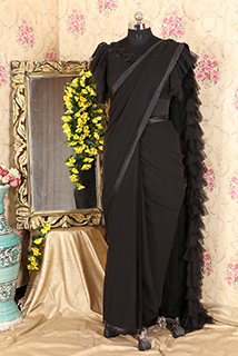 Black Pre draped saree with ruffled Net Pallu with stitched Blouse