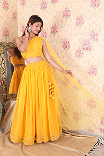 Yellow Georgette Crop Top and Skirt Set