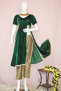 Green Velvet Anarkali with Brocade Pants