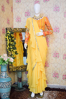 Mustard Draped Sari with Multicolor Stitched Blouse