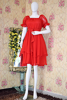 Red Double Layer Puff Sleeves Dress