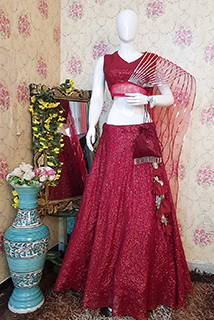 Maroon Sequins Skirt Top Set with attached dupatta