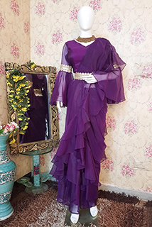 Purple Organza Draped Sari with Stitched Blouse and Belt