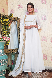 White and Golden Anarkali with Dupatta