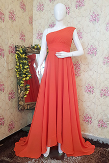 Red Draped Gown with Long Trail